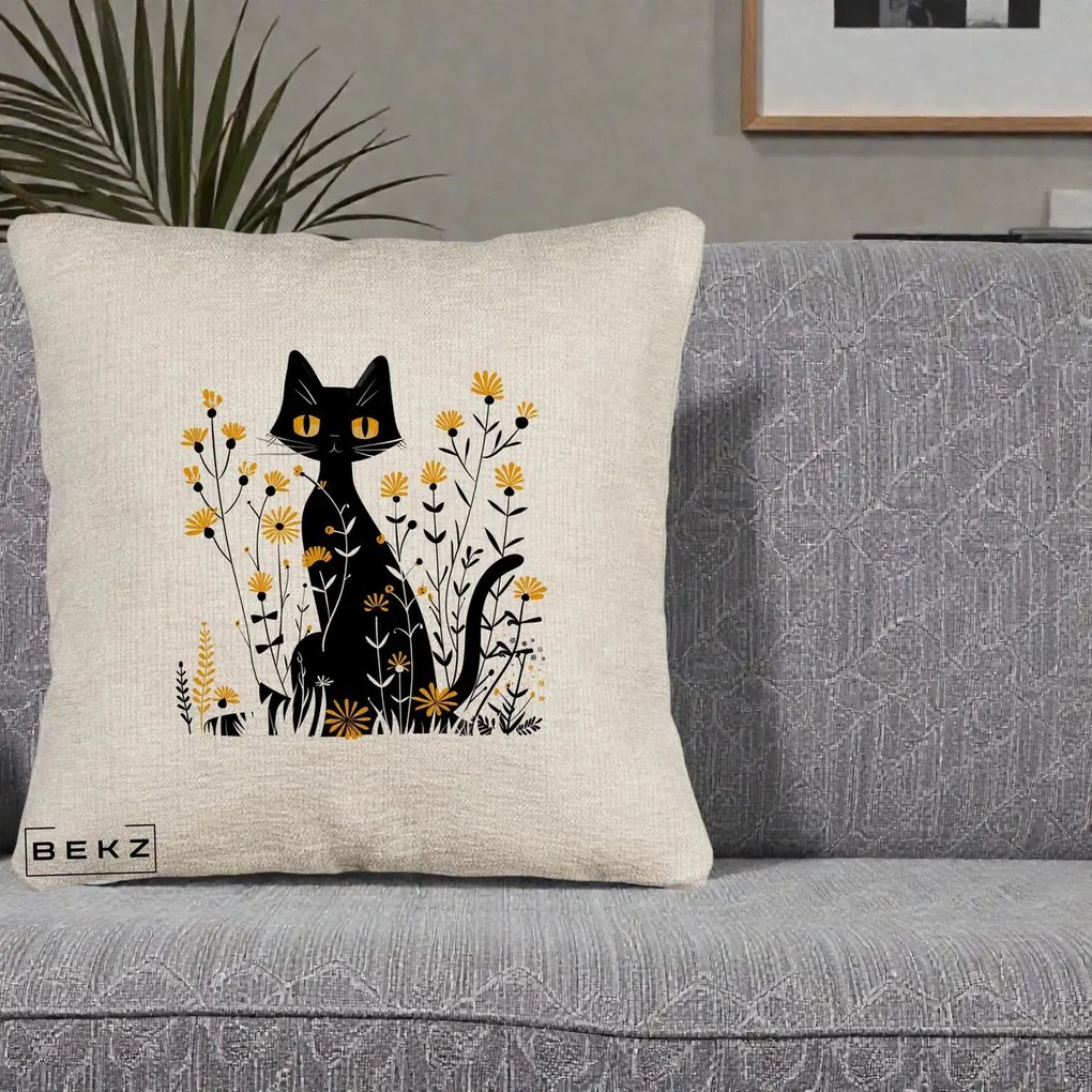 Perna Decorativa Pisica Neagra Ochi Galbeni Flori Galbene, 40x40 cm, Bej Canapea, Husa Detasabila, Perna Inclusa, BEKZ®