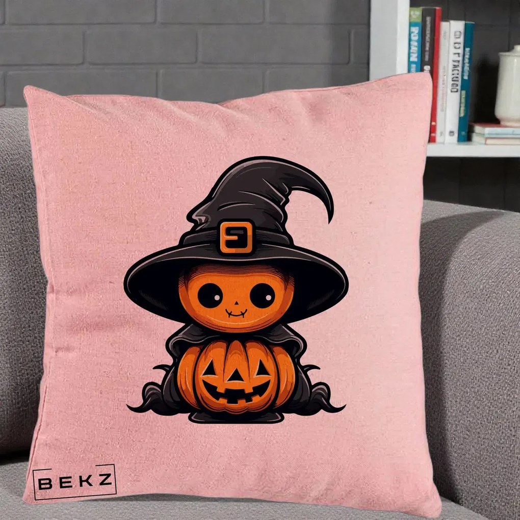 Perna Decorativa Halloween Dovleac Vrajitor Kawaii, 40x40 cm, Roz, Husa Detasabila, Perna Inclusa, BEKZ®