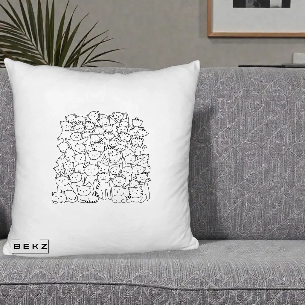 Perna Personalizata Many Cats Pattern Alb-Negru, 40x40 cm, Alb Pufos, Husa Detasabila, Perna Inclusa, BEKZ®