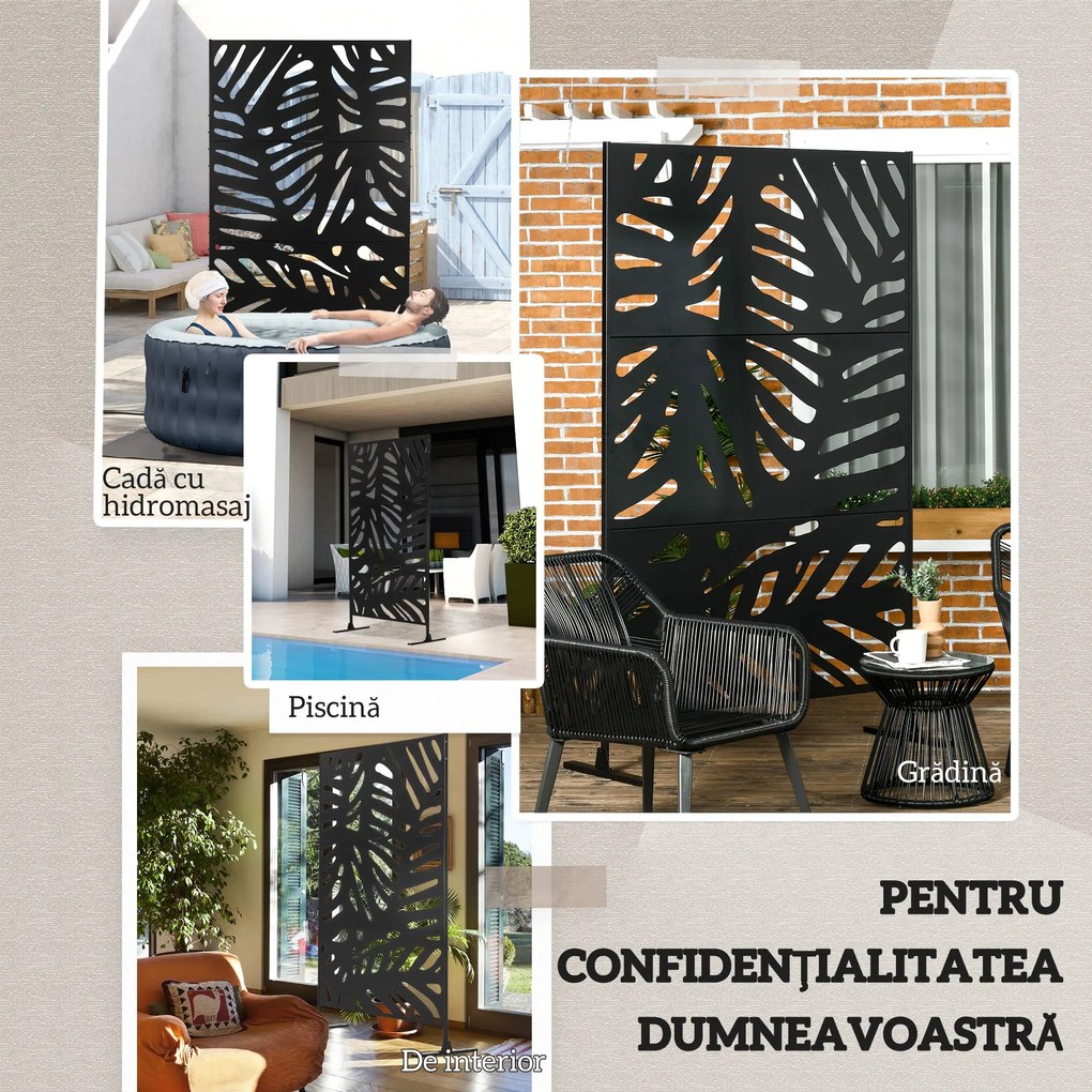 Outsunny Separator Decorativ de Exterior cu Model Frunze Mari și 2 Picioare, Panou de Grădină înalt din Oțel pentru Balcon și Terasă, 122x45x198 cm, Negru | Aosom Romania