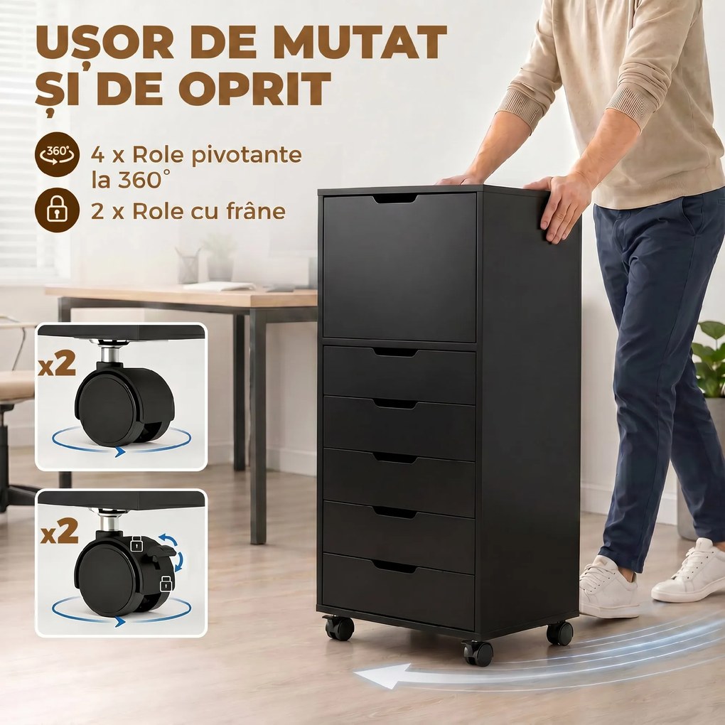 HOMCOM Fișet de Birou cu 5 Sertare și Roți, Negru | Aosom Romania