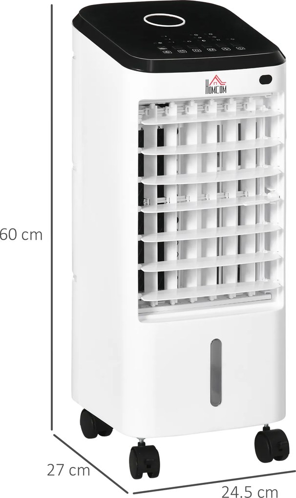 HOMCOM Răcitor Evaporativ 3-în-1, Ventilator, Umidificator cu Gheață și Dezumidificator, 3 Viteze, 3 Moduri și Telecomandă, Timer 12 Ore, 65W din ABS, 24.5x27x60 cm, Alb | Aosom Romania