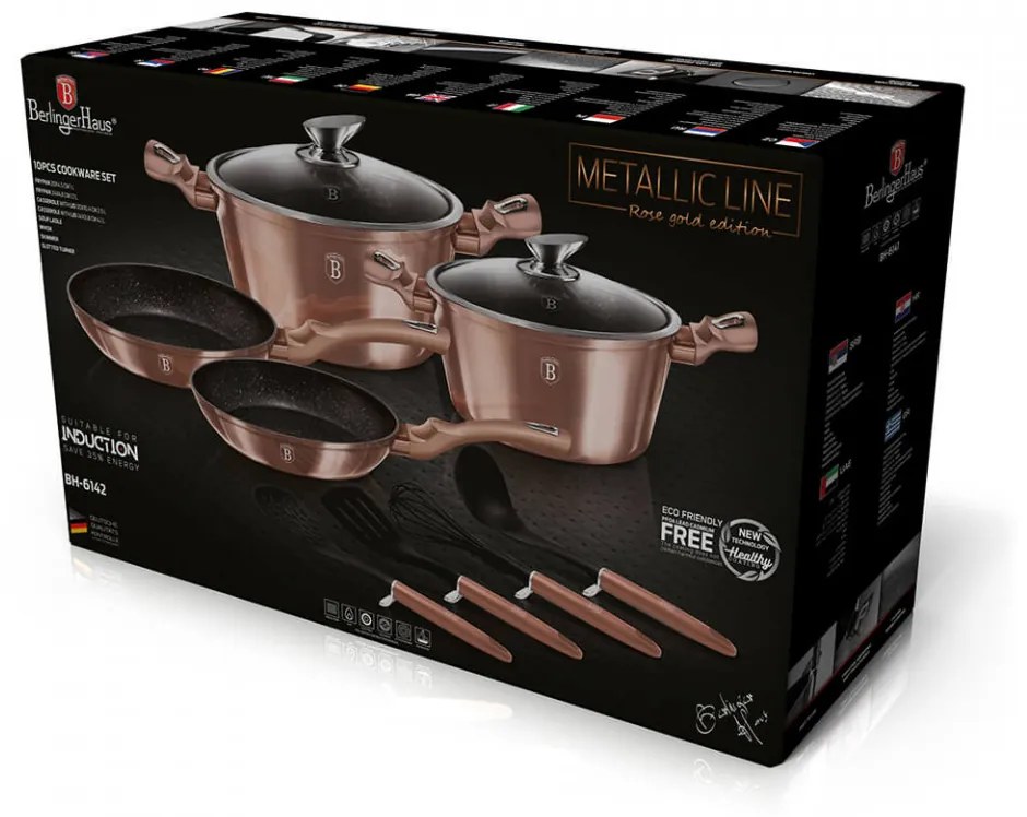 Set oale si tigai marmorate (10 piese) din aluminiu forjat Rose Gold (Cupru) Metallic Line Berlinger Haus BH 6142
