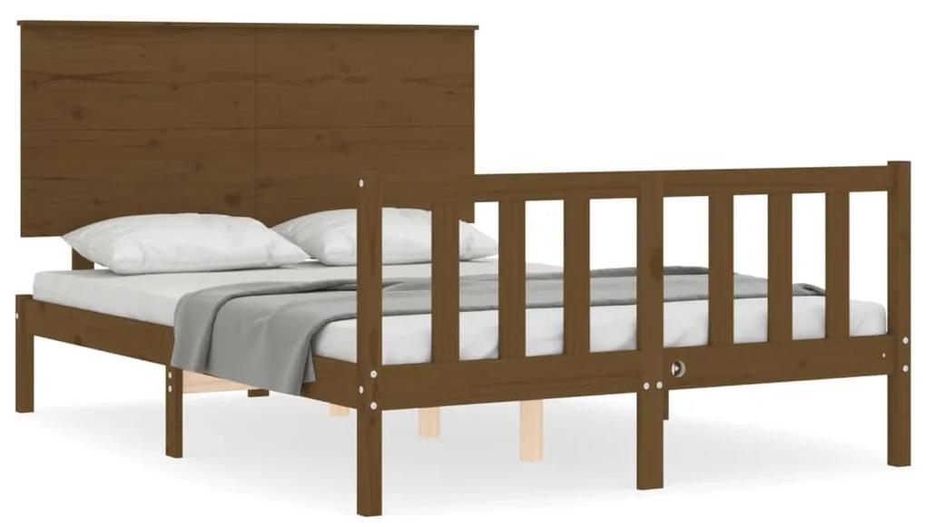 3193374 vidaXL Cadru de pat cu tăblie, dublu mic, maro miere, lemn masiv