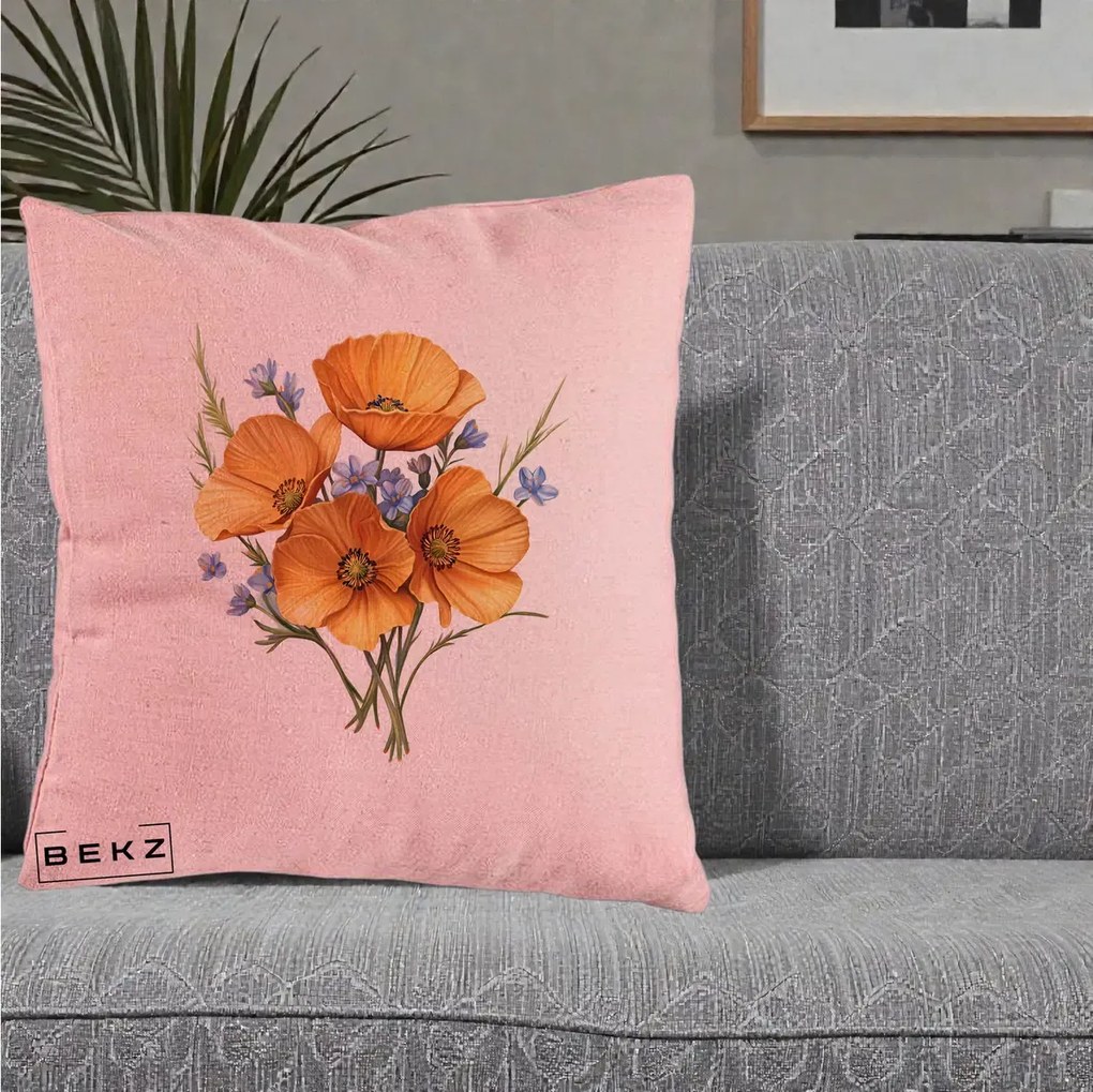 Perna Decorativa Maci Portocalii cu Floricele Albastre, 40x40 cm, Roz, Husa Detasabila, Perna Inclusa, BEKZ®