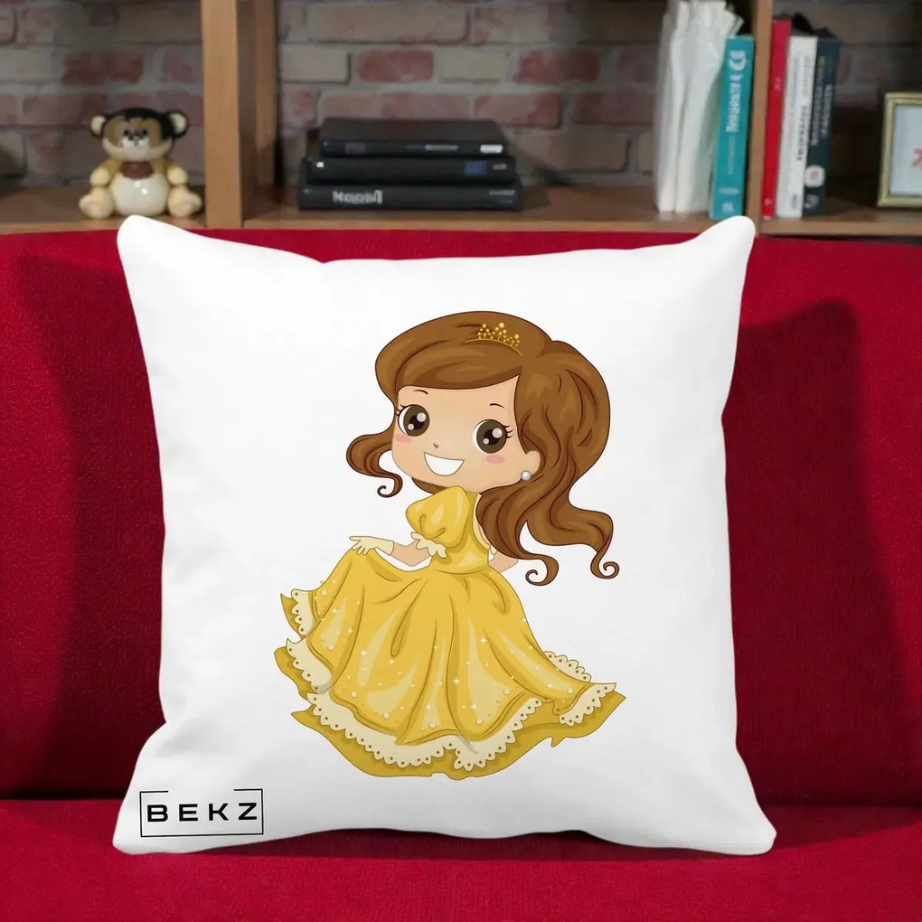 Perna Decorativa Printesa Bella Rochie Aurie, 40x40 cm, Alba Mata, Husa Detasabila, Perna Inclusa, BEKZ®