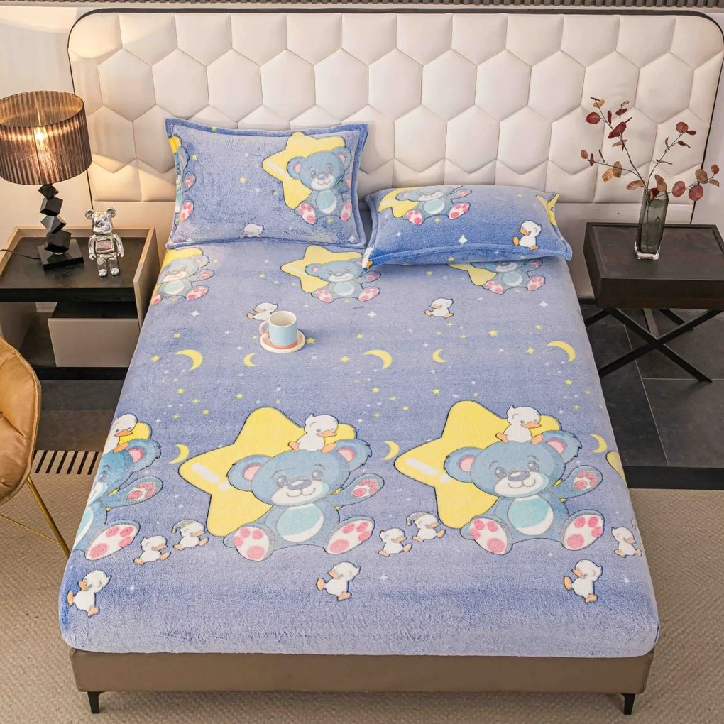 Husă de pat cu elastic, cocolino, 230x250 cm, 2 fețe de pernă, steluțe și lună