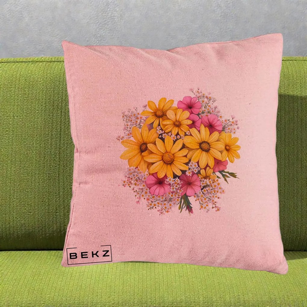Perna Decorativa Floarea-Soarelui cu Cosmos Roz si Gypsophila, 40x40 cm, Roz, Husa Detasabila, Perna Inclusa, BEKZ®
