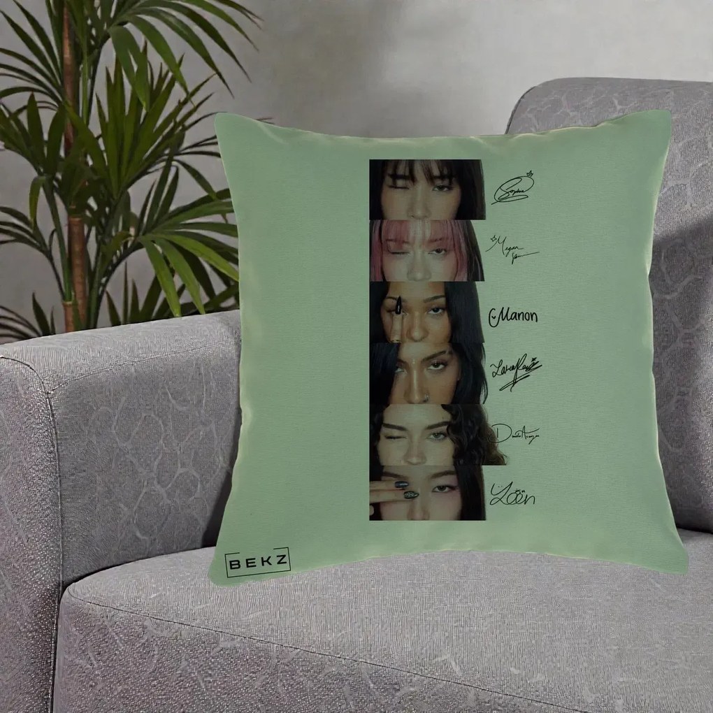 Perna Personalizata K-pop KATSEYE Semnaturi fara Foto, 40x40 cm, Verde, Husa Detasabila, Perna Inclusa, BEKZ®