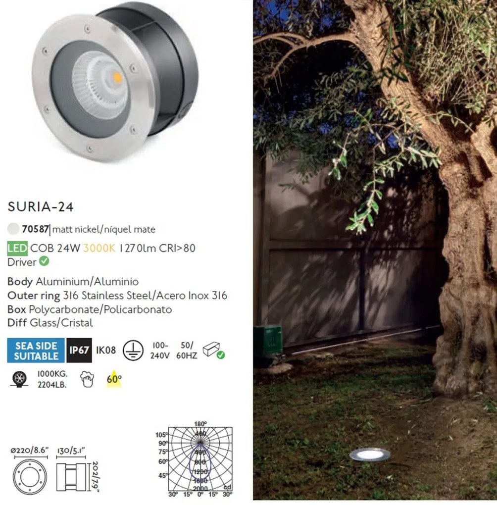 Spot LED incastrabil de exterior pavaj SURIA-24 inox 60°