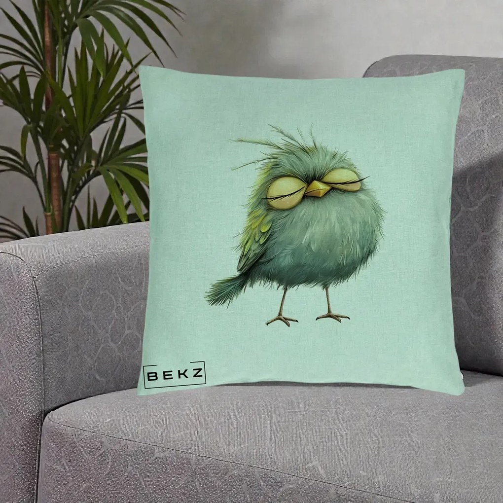 Perna Decorativa Pasare Teal Adormita cu Ochi Galbeni, 40x40 cm, Verde Menta, Husa Detasabila, Perna Inclusa, BEKZ®