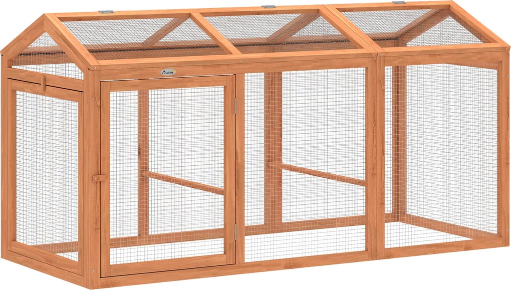 PawHut Adăpost exterior pentru găini cu bară de odihnă și uși duble, din lemn și metal, pentru 4 găini, 156 x 70,5 x 84 cm Portocaliu | Aosom Romania