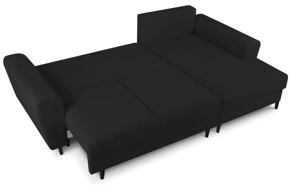 Colțar negru extensibil, cu spațiu de depozitare cu tapițerie din țesătură bouclé (cu colț pe partea dreaptă, cu șezlong) Kyoto – Cosmopolitan Design