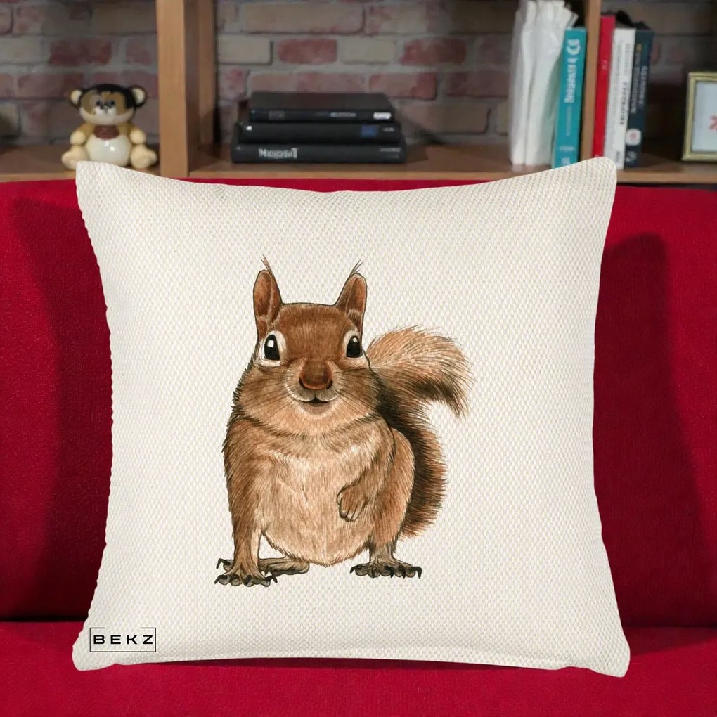 Perna Decorativa Veverita Acuarela, 40x40 cm, Crem Reliefat, Husa Detasabila, Perna Inclusa, BEKZ®