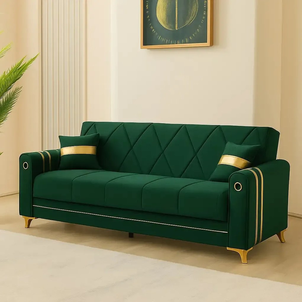 Canapea extensibila cu lada de depozitare 220x87x93 cm , detalii aurii,verde – Camara