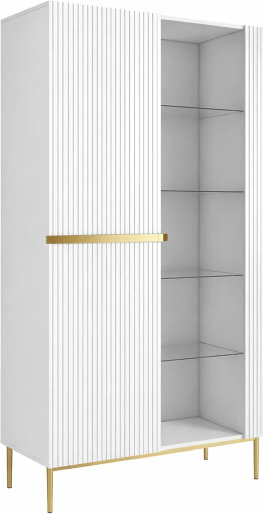 Vitrina Nicole 100 cm cu fata canelata - picioare alb mat / auriu