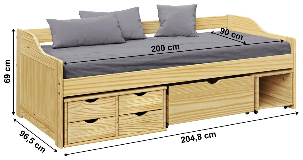 Pat cu spaţiu de depozitare, natural, lemn masiv, 90x200, MAXI NEW