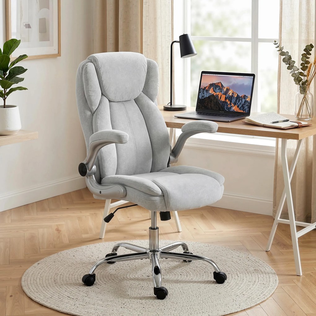 Scaun Ergonomic HOMCOM, Spătar Înalt, Tapițat în Catifea Imprimată, Cotiere Rabatabile, Alb Crem | Aosom Romania