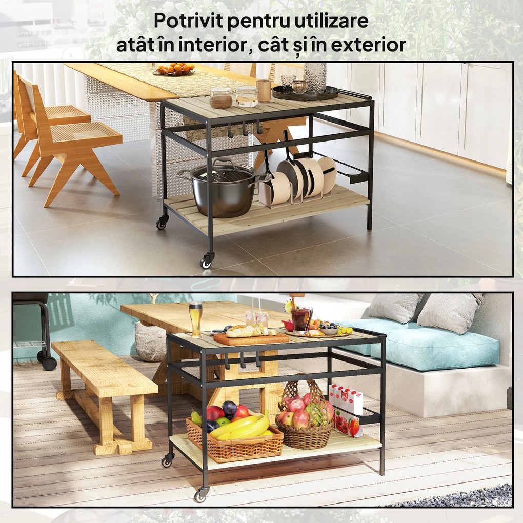 Outsunny Cărucior cu Roți din Lemn cu 2 Rafturi, 3 Cârlige, Blat cu Lamele și Mâner 107x65x80 cm Natural | Aosom Romania