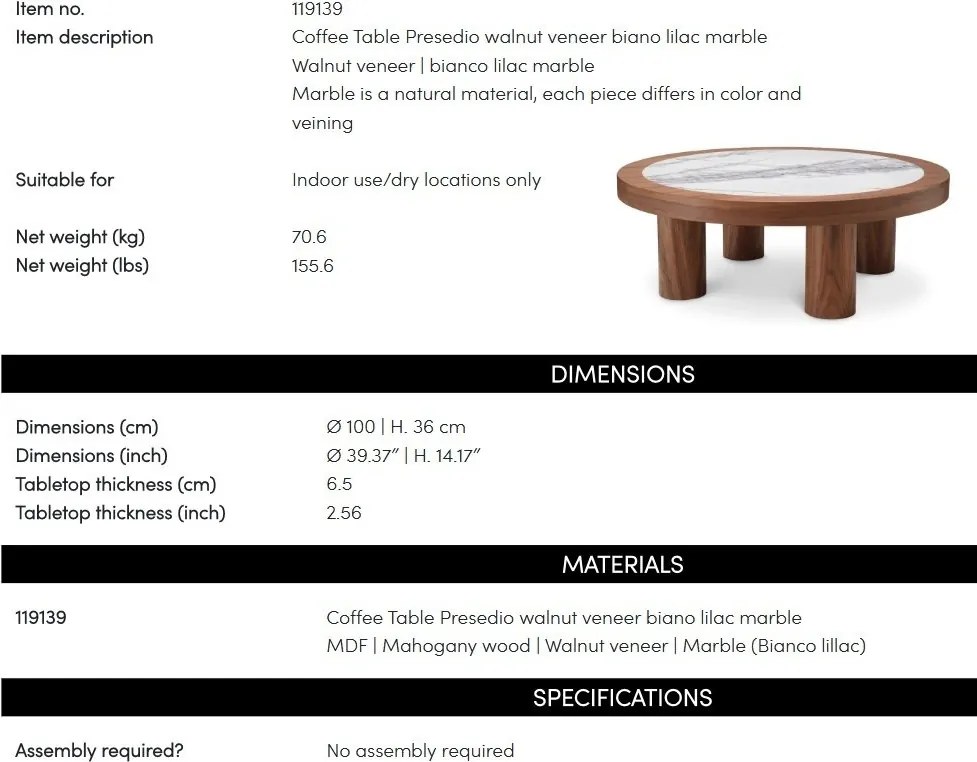 Masuta Design LUX, Marmura, Furnir Nuc, Presedio 100cm