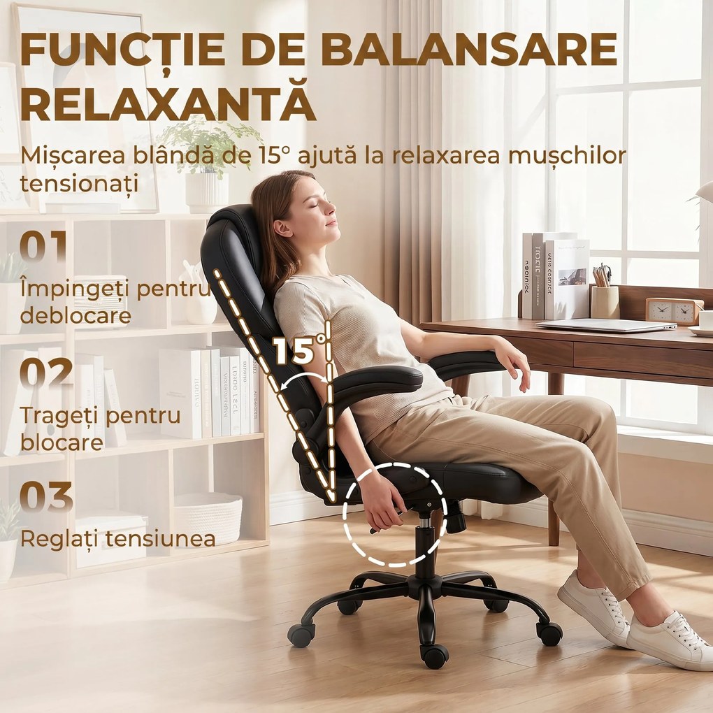 HOMCOM Scaun de Birou Rotativ, Funcție de Balansare, Suporturi Rabatabile pentru Brațe, Spătar Înalt, Înălțime Reglabilă, Negru | Aosom Romania