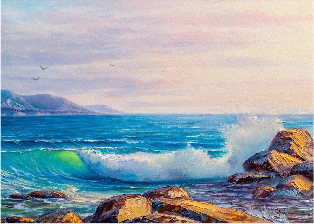 Tablou - Valuri lovind stânci, pictură în ulei (70x50 cm)