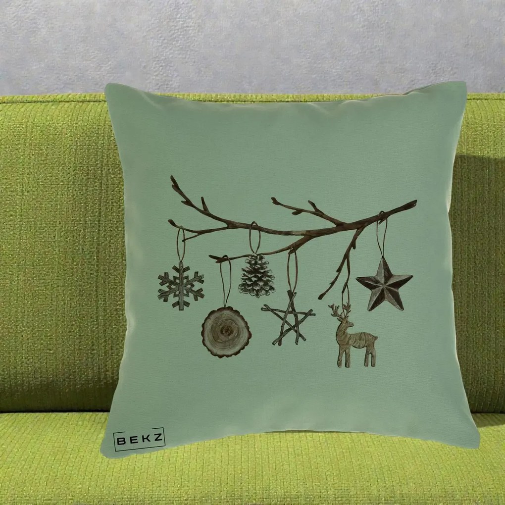 Perna Decorativa Ornamente de Lemn pe Ramura, 40x40 cm, Verde, Husa Detasabila, Perna Inclusa, BEKZ®