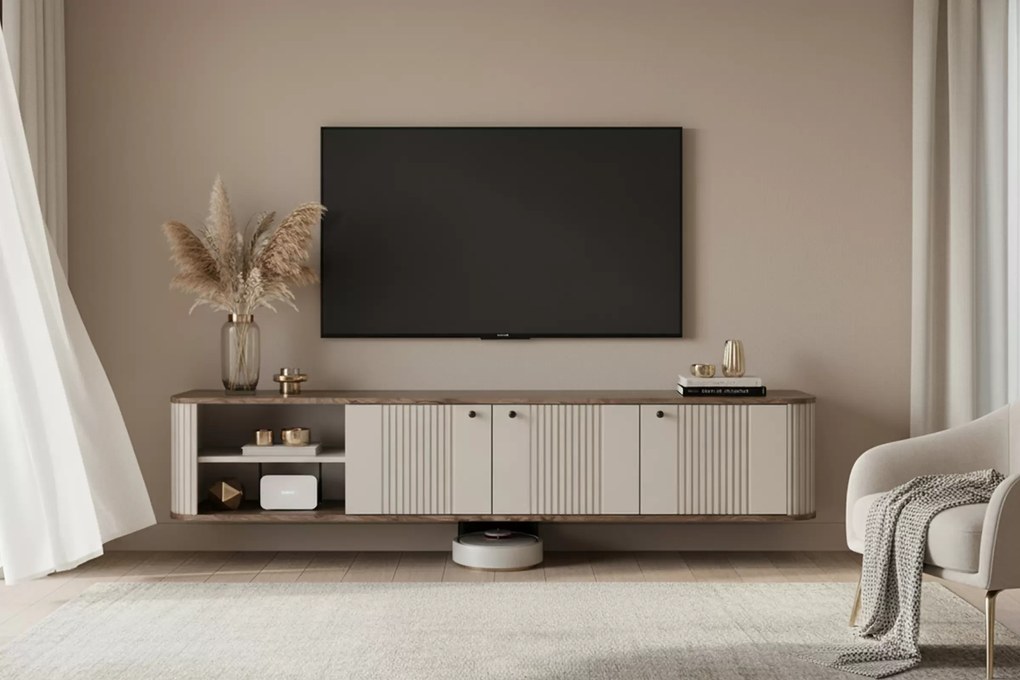 Dulap TV suspendat Vesper 3D 187 cm - cașmir / nuc / mânere negre