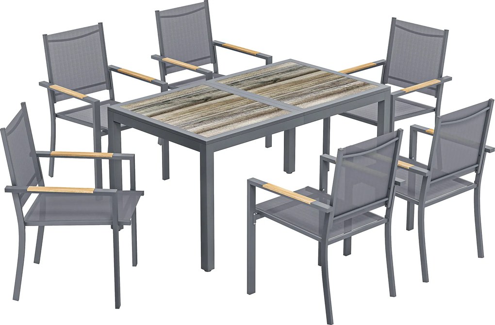 Outsunny Set Mobilier de Grădină 7 Piese Masă Aspect Lemn 6 Scaune Suprapuse din Textilenă 140x80x72cm Gri | Aosom Romania