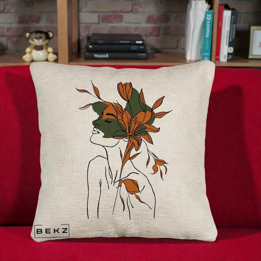 Perna Decorativa Portret Feminin Crin Auriu, 40x40 cm, Bej Canapea, Husa Detasabila, Perna Inclusa, BEKZ®