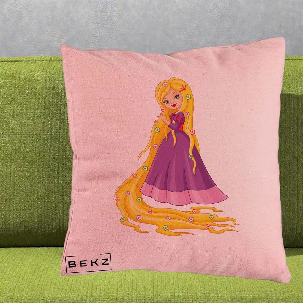 Perna Personalizata Rapunzel Par Lung Floral, 40x40 cm, Roz, Husa Detasabila, Perna Inclusa, BEKZ®
