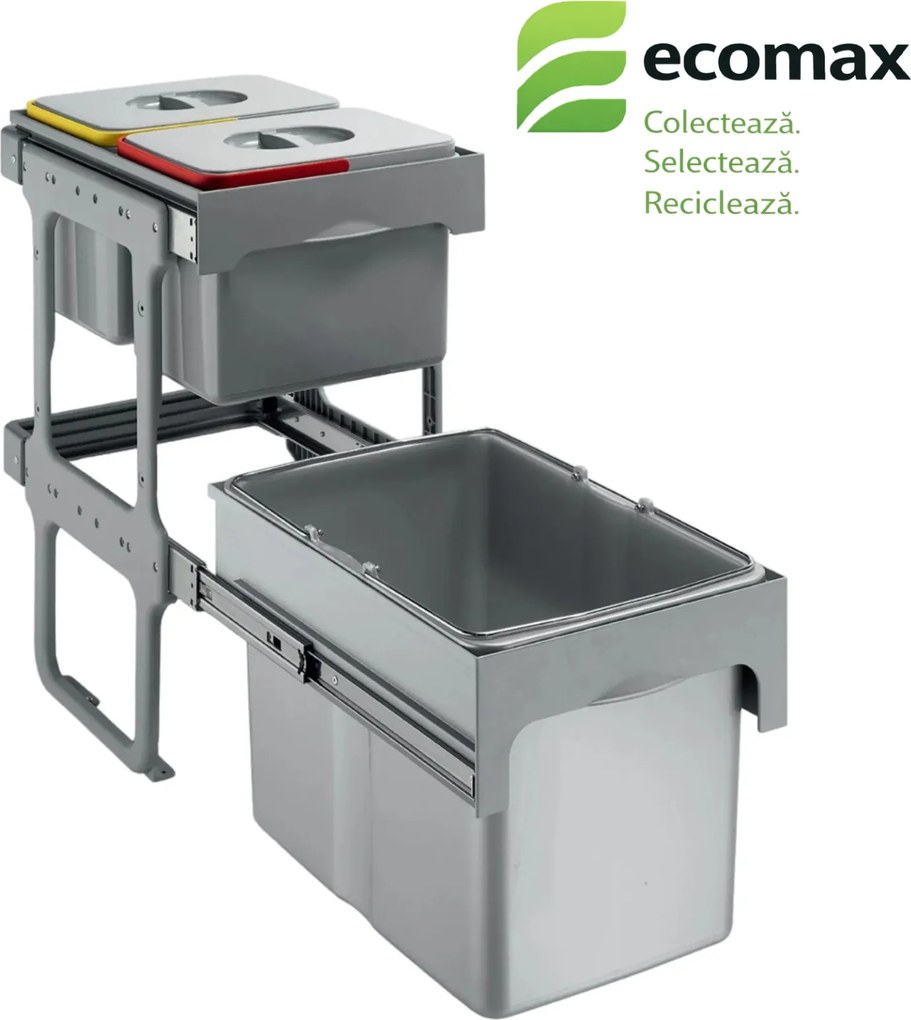 Cos gunoi incorporabil Tandem Short 40 Ecomax, colectare selectiva, gri, 1 x 34 l + 2 x 12 l Polipropilena Metal, 400 mm, L:355 mm; A:480 mm; H:600