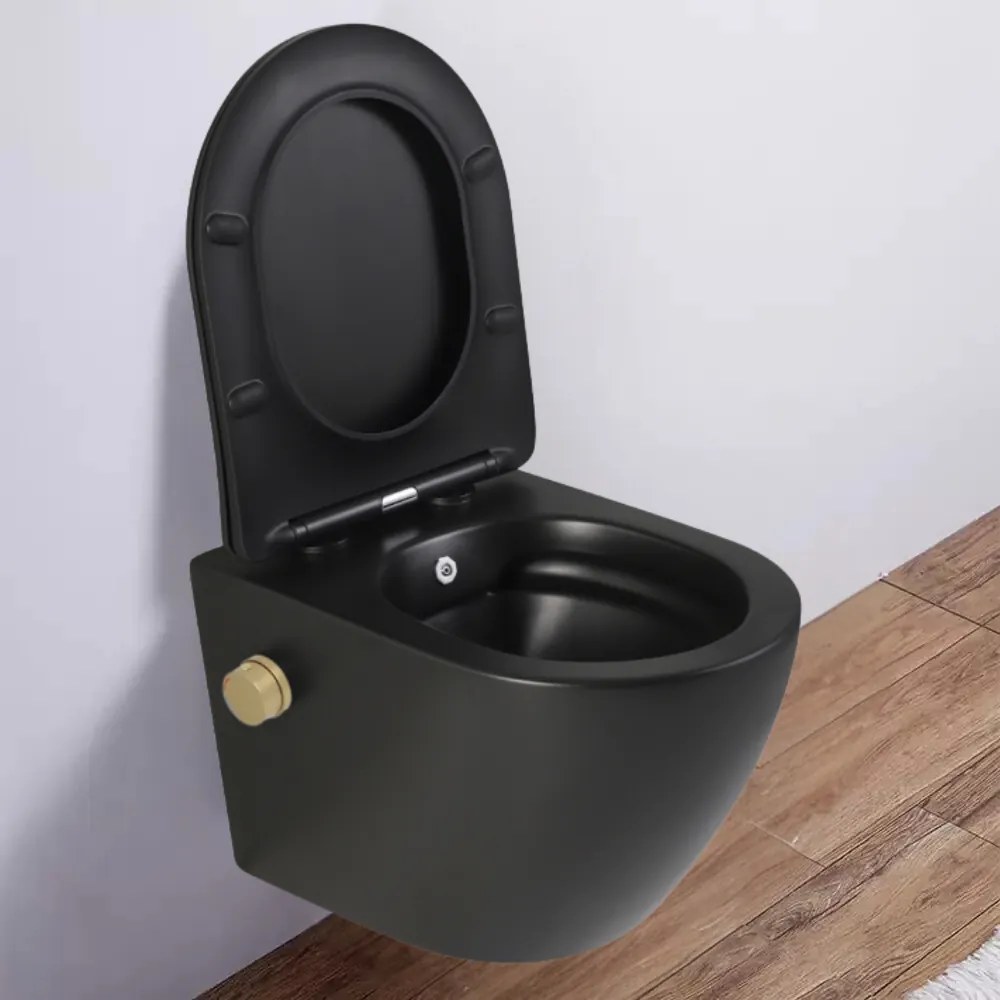 Vas wc suspendat cu functie bideu, negru mat, apa calda rece, rimless, baterie inclusa auriu mat Foglia Oslo Baterie auriu mat