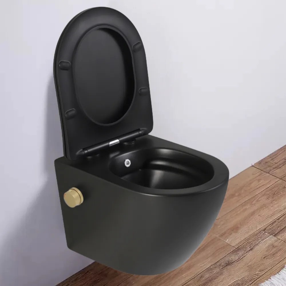 Vas wc suspendat cu functie bideu, negru mat, rimless si baterie inclusa auriu mat Foglia Oslo Baterie auriu mat