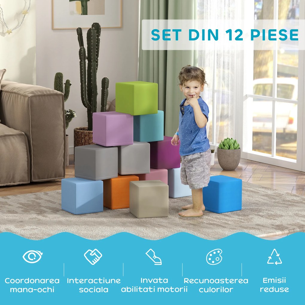 HOMCOM Set 12 Cuburi de Jucărie Moi pentru Copii 12-36 Luni, 20x20x20 cm, Multicolor Închis | Aosom Romania