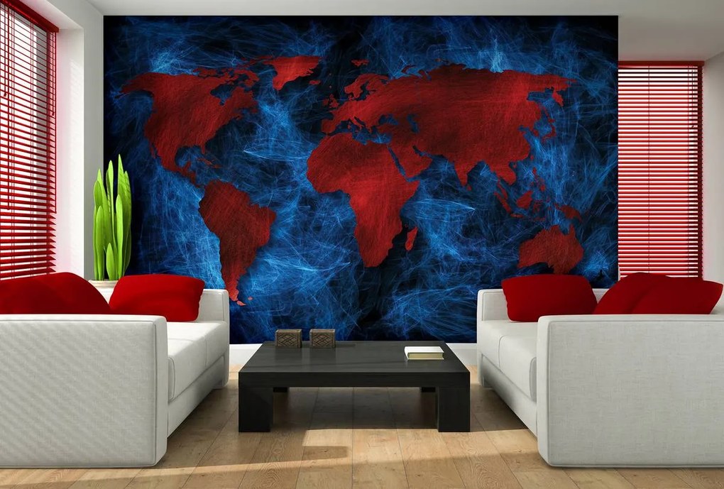 Fototapet - Harta roșie a lumii fundal albastru (254x184 cm), în 8 de alte dimensiuni noi