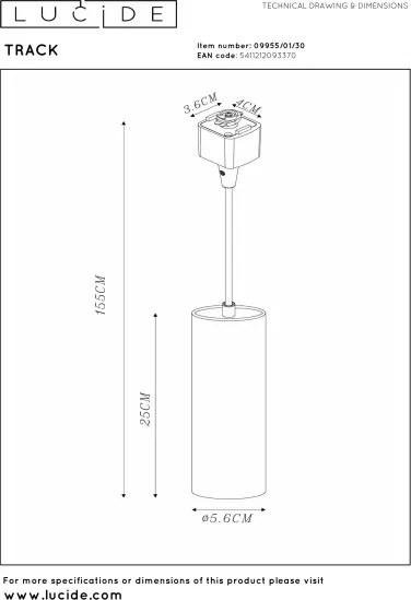Lucide 09955/01/30 -Lampă suspendată cu cablu pentru sistem cu șină TRACK 1xG10/M16/50W/230V