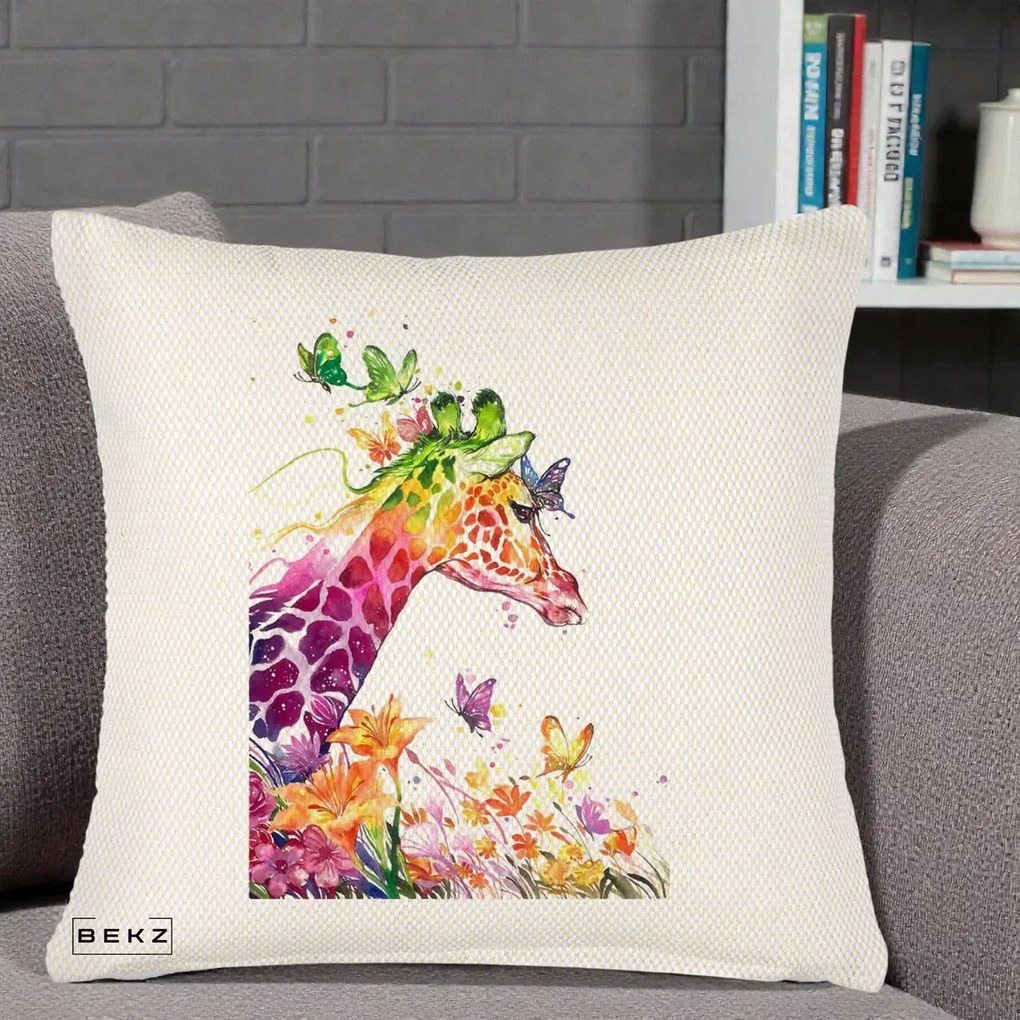 Perna Decorativa Girafa Curcubeu Acuarela, 40x40 cm, Crem Reliefat, Husa Detasabila, Perna Inclusa, BEKZ®
