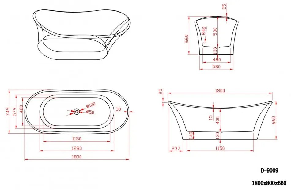 Cada baie freestanding, Wave Bella Casa, acril, 180 x 75 cm