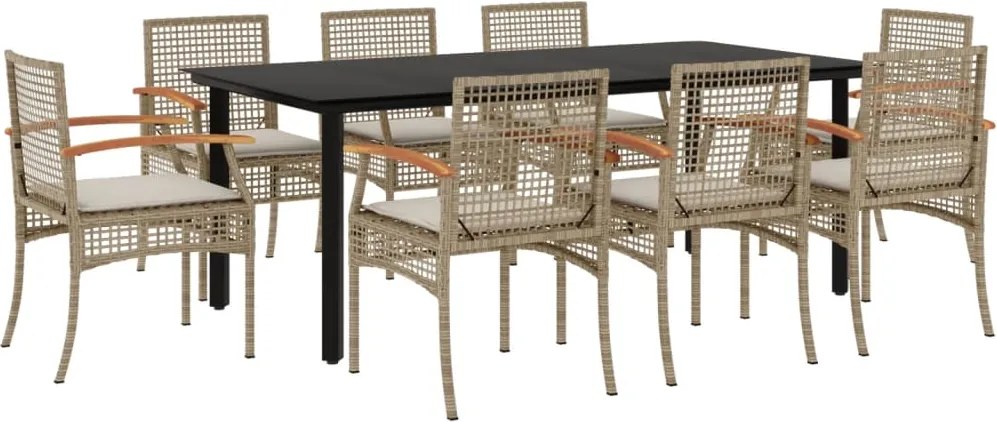 vidaXL Set de masă pentru grădină, 9 piese, cu perne, bej, poliratan