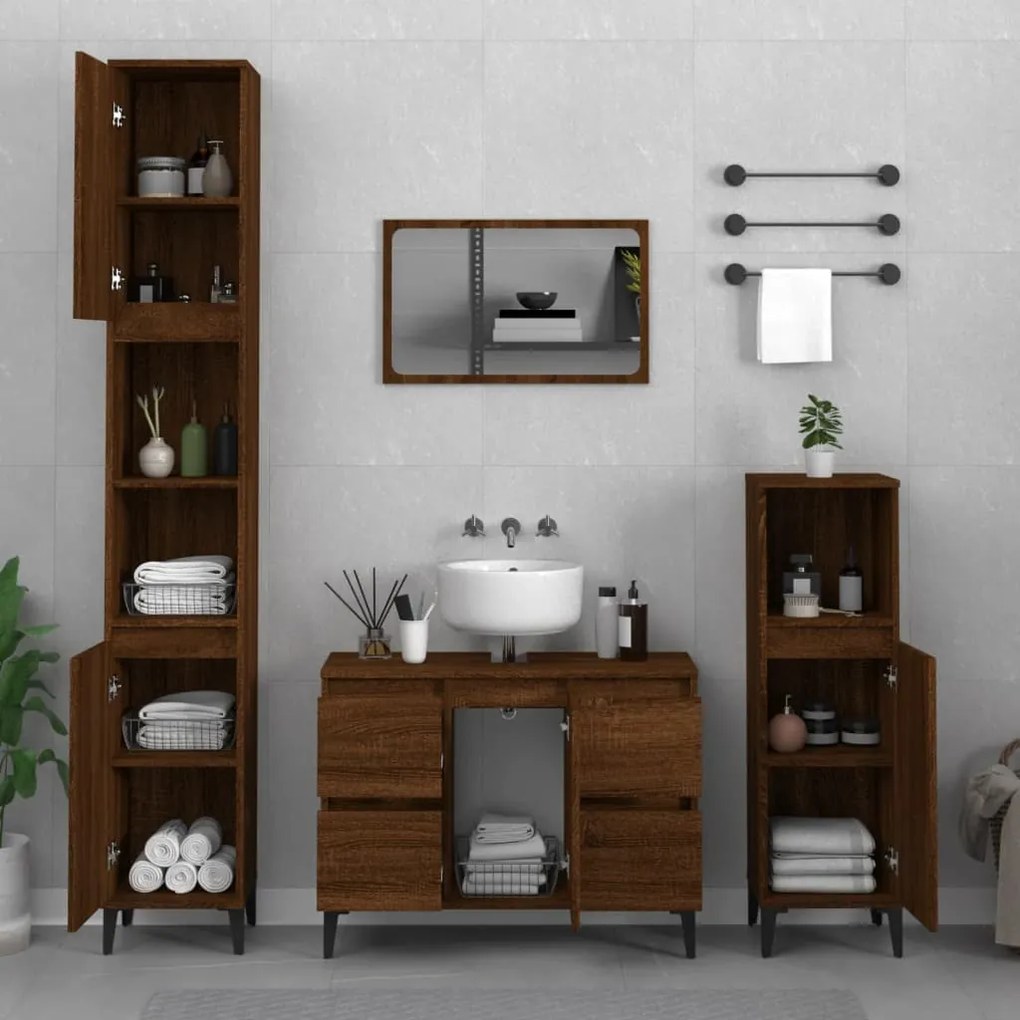 3185612 vidaXL Set mobilier de baie, 3 piese, stejar maro, lemn prelucrat
