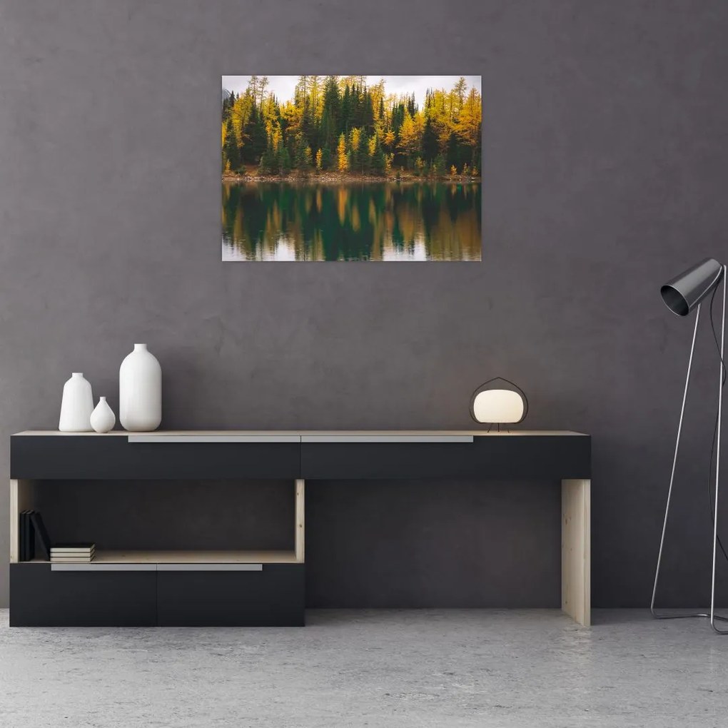 Tablou pe sticlă cu lac de pădure (70x50 cm)