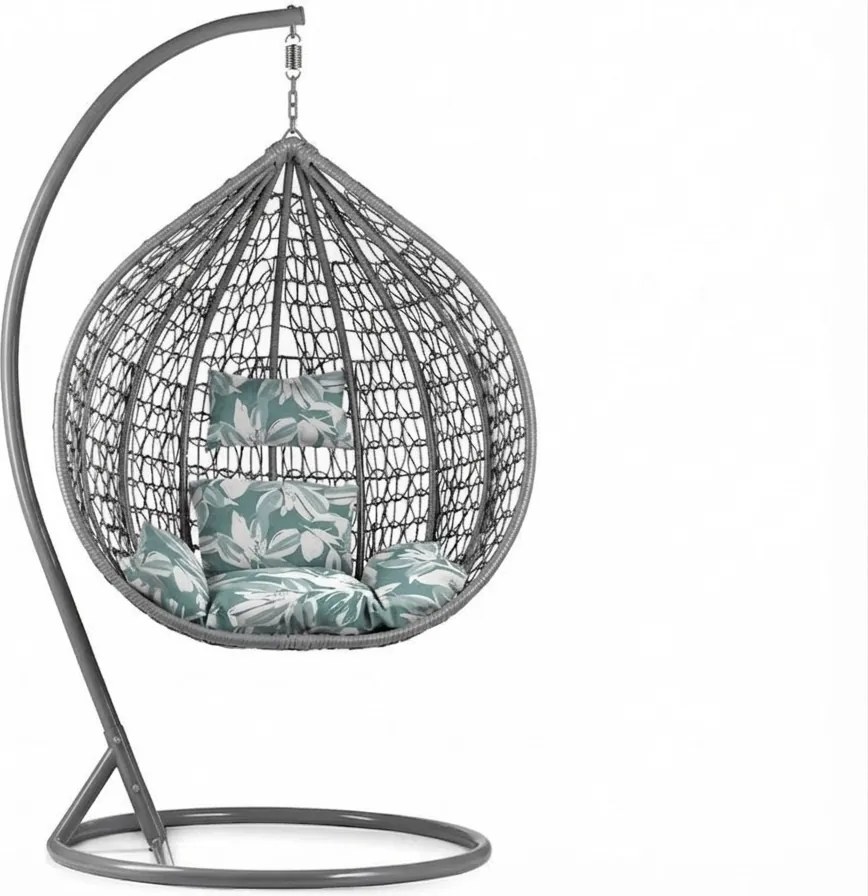 Scaun suspendat gri KOKON cu suport, perna verde-alb