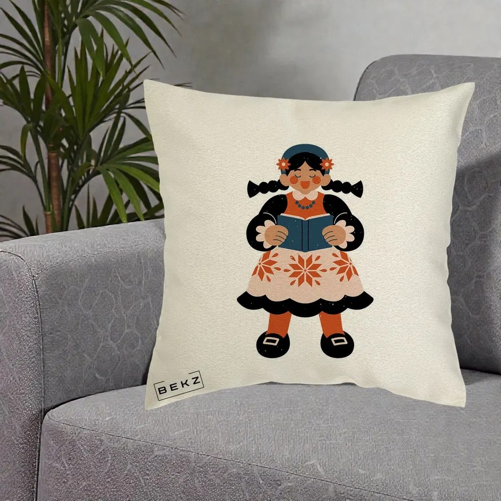 Perna Personalizata Fetita cu Carte Ilustratie Folk, 40x40 cm, Ecru, Husa Detasabila, Perna Inclusa, BEKZ®