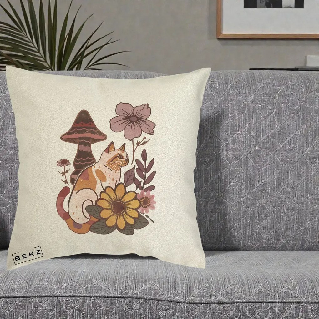 Perna Decorativa Pisica Vintage Florala Boho, 40x40 cm, Ecru, Husa Detasabila, Perna Inclusa, BEKZ®