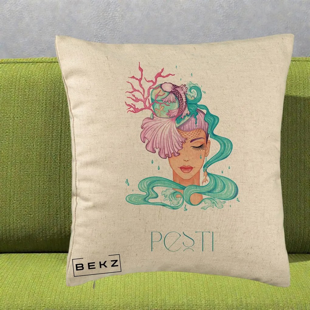 Perna Personalizata Zodiac Pesti Cowgirl, 40x40 cm, Bej, Husa Detasabila, Perna Inclusa, BEKZ®
