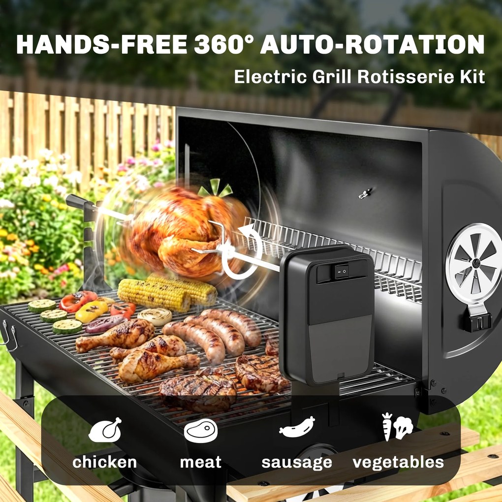 Outsunny Grătar pe cărbuni cu căruț de gătit, etajere pliabile, termometru, roți, rotisor electric, negru | Aosom Romania