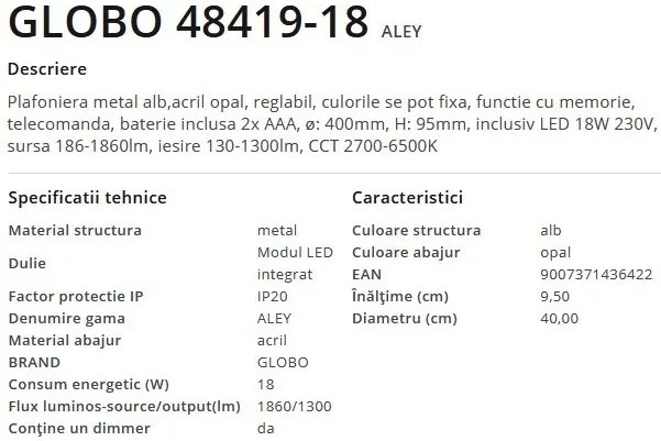 Plafoniera LED cu telecomanda design modern Aley alb