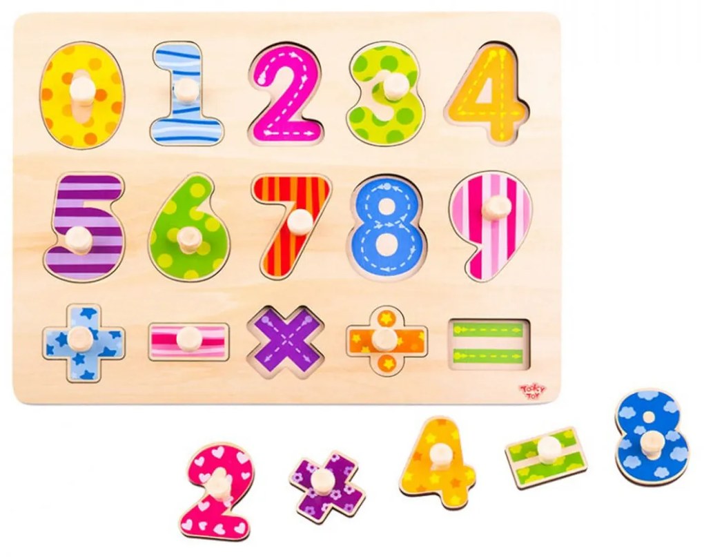 Puzzle 3D din lemn masiv NOVOKIDS™ Wooden Happy Numbers, 15 piese, Cu Numere si semne matematice, Materiale Eco, Multicolor