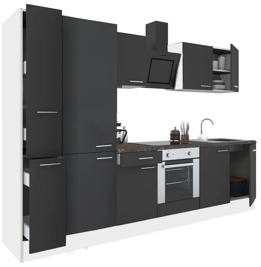Mobilă de bucătărie Yorki 300, corp alb, față antracit satinat, element inferior cuptor, dulap raft